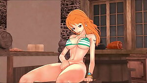 The cute pirate Nami fingers her pussy in a bar - One Piece Hentai.